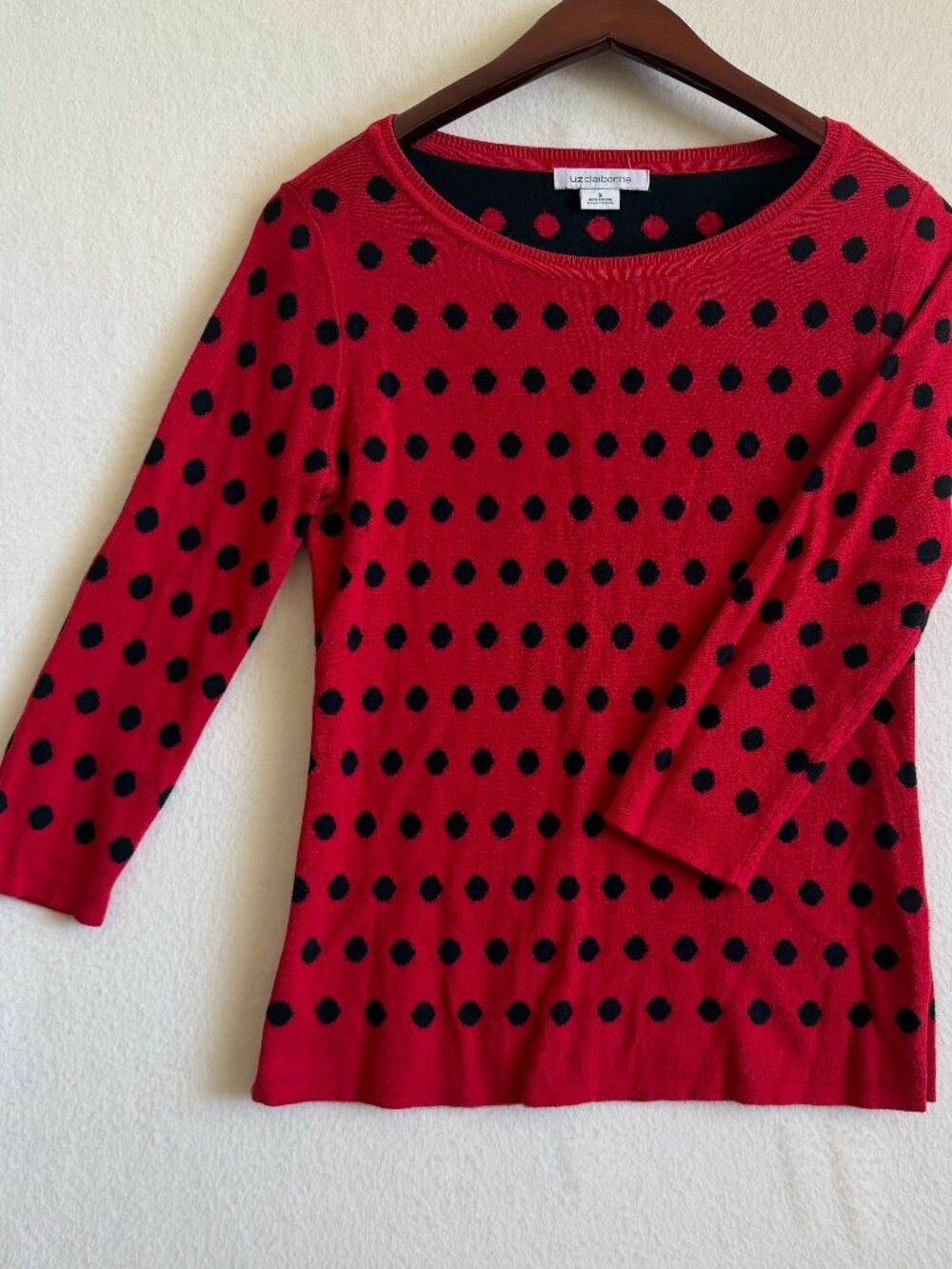 Liz Claiborne Sweater Women's Shirt Top Small Red Black Polkadot 3/4 Sleeve